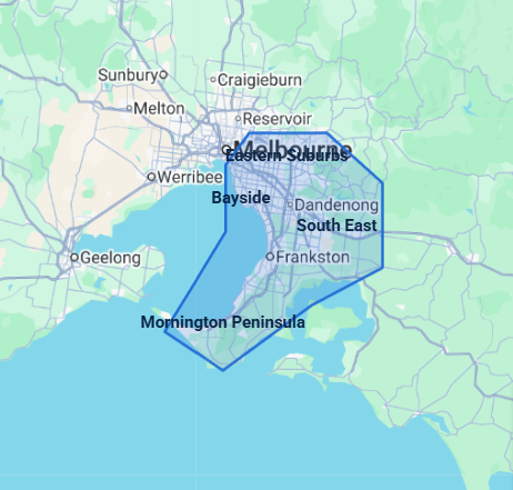 Map of Melbourne service area covering Bayside, Eastern Suburbs, South East, Mornington Peninsula, Dandenong and Frankston
